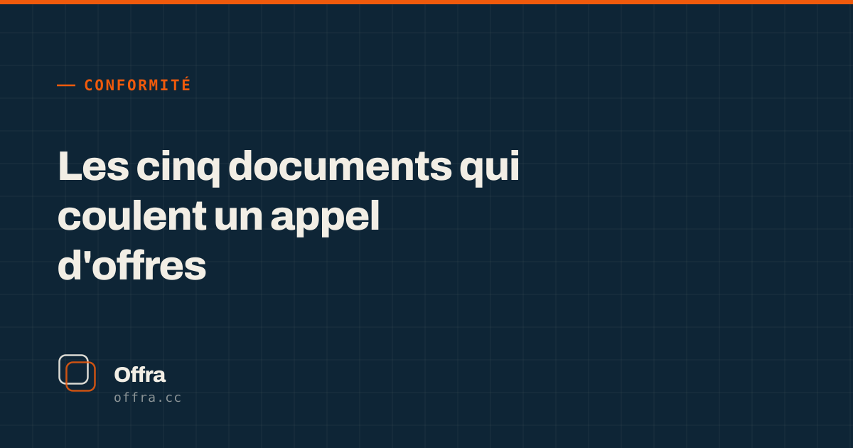 Une carte Offra affichant « Les cinq documents qui coulent un appel d'offres »