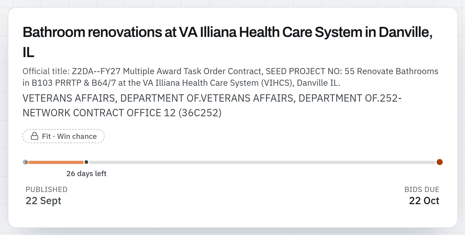 A notice header in Offra. The plain title reads “Bathroom renovations at VA Illiana Health Care System in Danville, IL”. Under it, the official title begins “Z2DA--FY27 Multiple Award Task Order Contract, SEED PROJECT NO: 55”, followed by the buying office and a date rail running from publication to bids due.