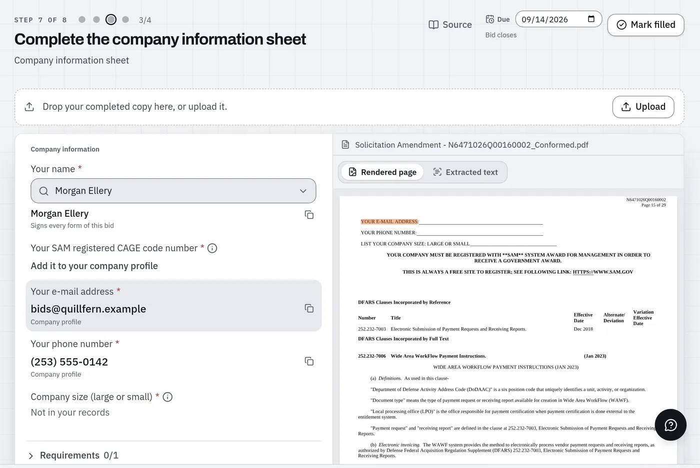 The company information sheet in Buyer forms, form 3 of 4. On the left, each field with its value: Your name, Morgan Ellery, who signs every form of this bid; the SAM CAGE code, with “Add it to your company profile” because the example firm has none recorded; the e-mail address and phone number from the company profile, each with a copy button; and company size, not in the firm's records. On the right, the solicitation's own page, with “Your e-mail address” highlighted.