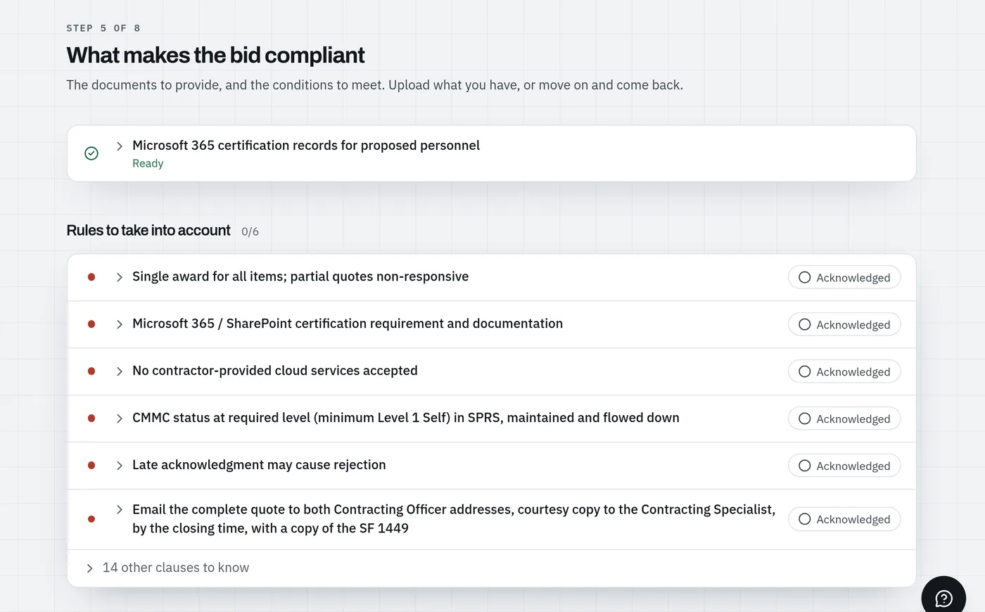 The Compliance step of the Navy RFQ bid. One record: Microsoft 365 certification records for the proposed personnel, to attach. Below, “Rules to take into account”, six critical clauses, each with an Acknowledged button: a single award for all items, Microsoft 365 and SharePoint certification, no contractor-provided cloud services, CMMC status in SPRS, late acknowledgment of amendments, and emailing the complete quote to both contracting officer addresses by the closing time. A further line folds 14 other clauses.