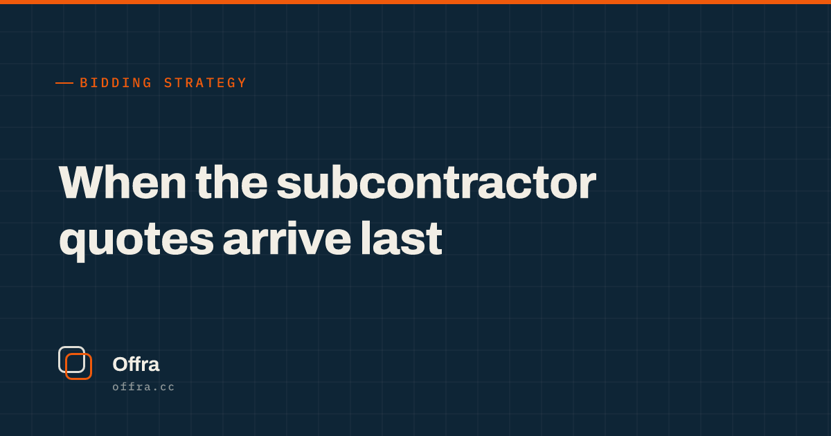 An Offra card reading "When the subcontractor quotes arrive last"